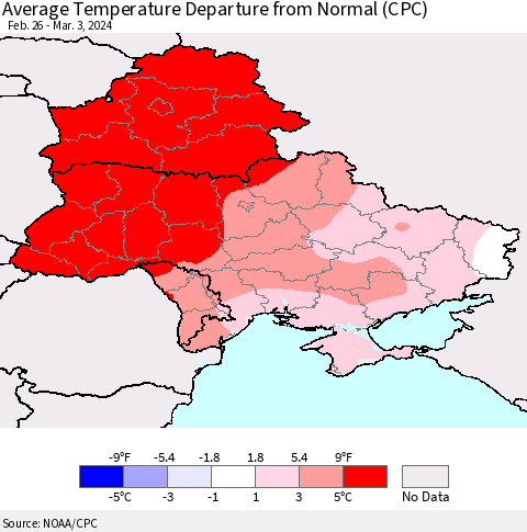 Ukraine, Moldova and Belarus Average Temperature Departure from Normal (CPC) Thematic Map For 2/26/2024 - 3/3/2024