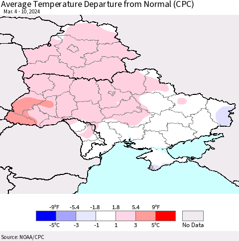 Ukraine, Moldova and Belarus Average Temperature Departure from Normal (CPC) Thematic Map For 3/4/2024 - 3/10/2024
