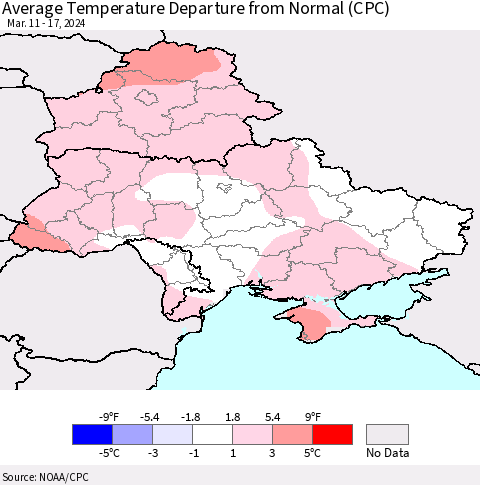 Ukraine, Moldova and Belarus Average Temperature Departure from Normal (CPC) Thematic Map For 3/11/2024 - 3/17/2024