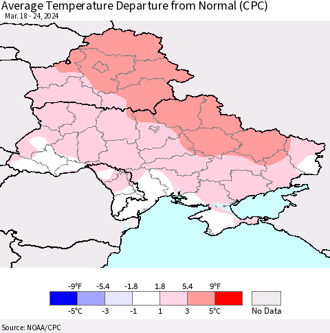 Ukraine, Moldova and Belarus Average Temperature Departure from Normal (CPC) Thematic Map For 3/18/2024 - 3/24/2024