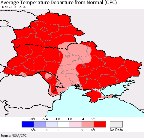 Ukraine, Moldova and Belarus Average Temperature Departure from Normal (CPC) Thematic Map For 3/25/2024 - 3/31/2024