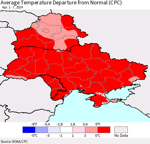 Ukraine, Moldova and Belarus Average Temperature Departure from Normal (CPC) Thematic Map For 4/1/2024 - 4/7/2024