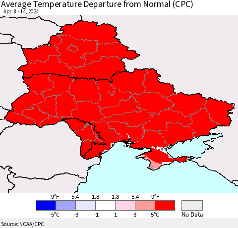 Ukraine, Moldova and Belarus Average Temperature Departure from Normal (CPC) Thematic Map For 4/8/2024 - 4/14/2024
