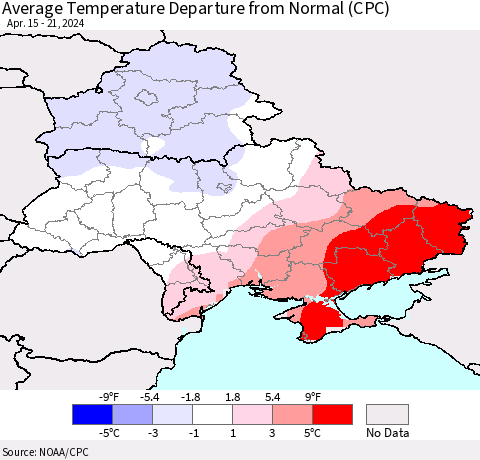 Ukraine, Moldova and Belarus Average Temperature Departure from Normal (CPC) Thematic Map For 4/15/2024 - 4/21/2024