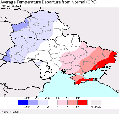 Ukraine, Moldova and Belarus Average Temperature Departure from Normal (CPC) Thematic Map For 4/22/2024 - 4/28/2024