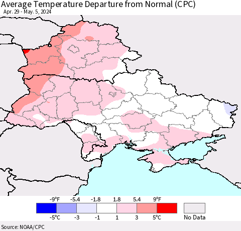 Ukraine, Moldova and Belarus Average Temperature Departure from Normal (CPC) Thematic Map For 4/29/2024 - 5/5/2024