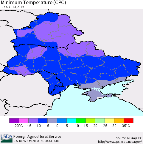 Ukraine, Moldova and Belarus Minimum Temperature (CPC) Thematic Map For 1/7/2019 - 1/13/2019