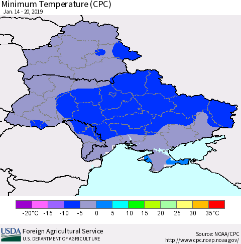 Ukraine, Moldova and Belarus Minimum Temperature (CPC) Thematic Map For 1/14/2019 - 1/20/2019