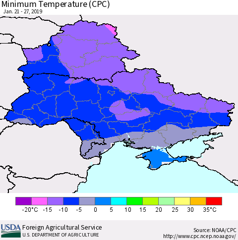 Ukraine, Moldova and Belarus Minimum Temperature (CPC) Thematic Map For 1/21/2019 - 1/27/2019