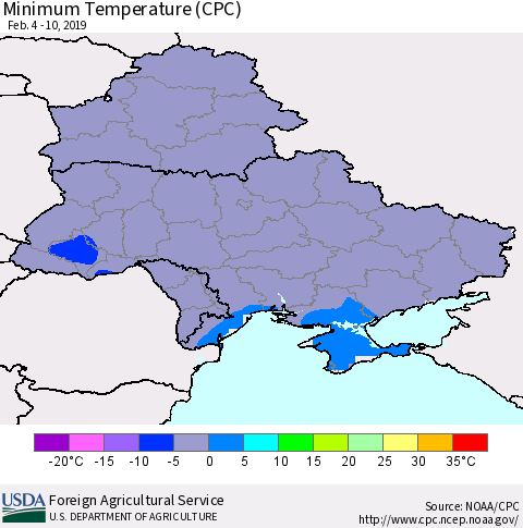Ukraine, Moldova and Belarus Minimum Temperature (CPC) Thematic Map For 2/4/2019 - 2/10/2019