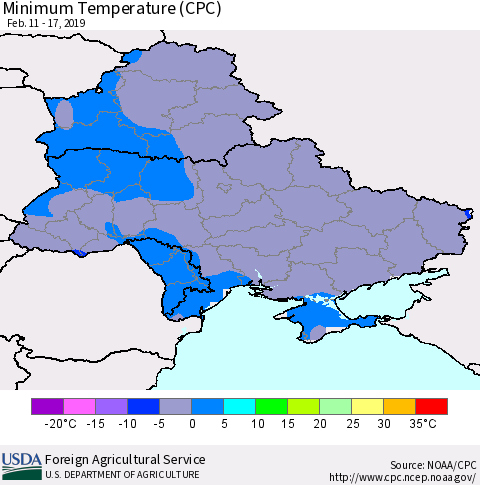 Ukraine, Moldova and Belarus Minimum Temperature (CPC) Thematic Map For 2/11/2019 - 2/17/2019