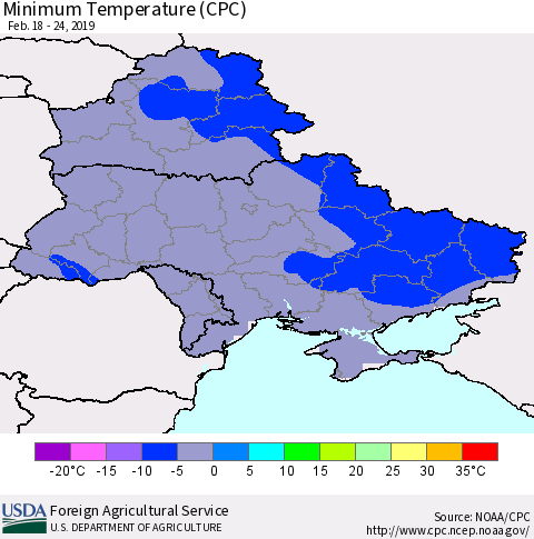 Ukraine, Moldova and Belarus Minimum Temperature (CPC) Thematic Map For 2/18/2019 - 2/24/2019