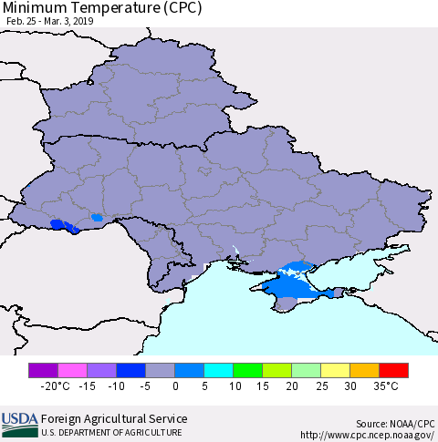 Ukraine, Moldova and Belarus Mean Minimum Temperature (CPC) Thematic Map For 2/25/2019 - 3/3/2019