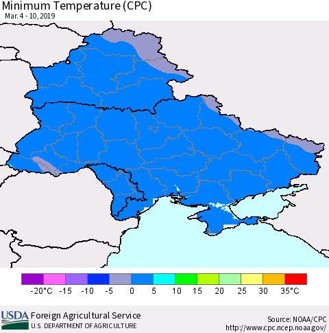 Ukraine, Moldova and Belarus Minimum Temperature (CPC) Thematic Map For 3/4/2019 - 3/10/2019