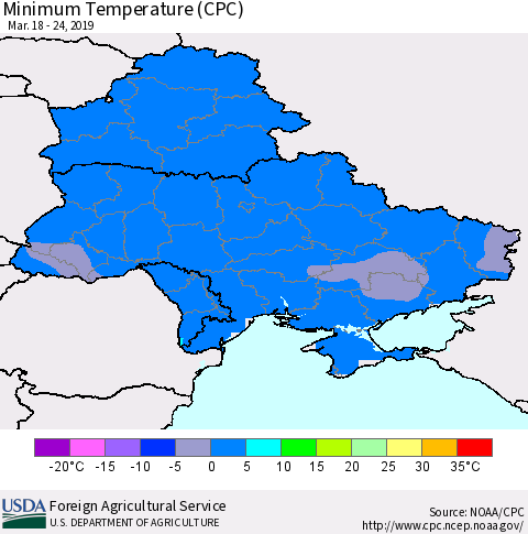 Ukraine, Moldova and Belarus Mean Minimum Temperature (CPC) Thematic Map For 3/18/2019 - 3/24/2019
