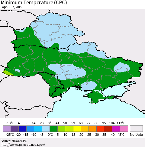 Ukraine, Moldova and Belarus Minimum Temperature (CPC) Thematic Map For 4/1/2019 - 4/7/2019
