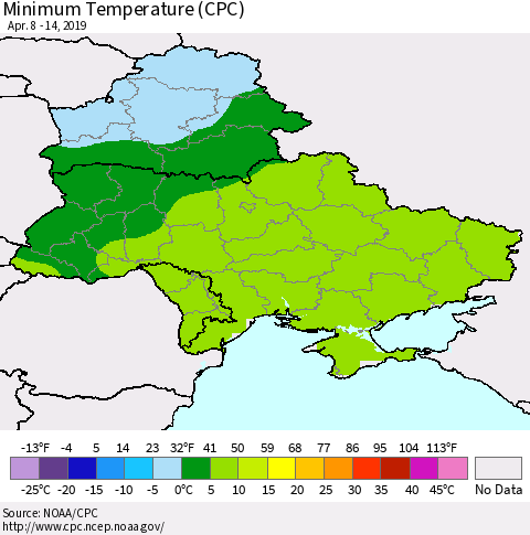 Ukraine, Moldova and Belarus Minimum Temperature (CPC) Thematic Map For 4/8/2019 - 4/14/2019