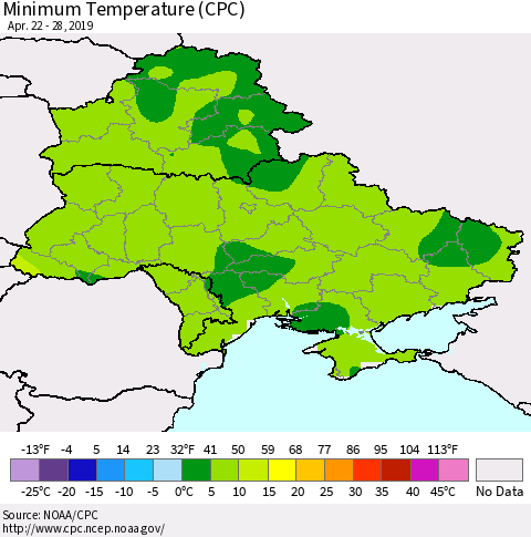 Ukraine, Moldova and Belarus Mean Minimum Temperature (CPC) Thematic Map For 4/22/2019 - 4/28/2019