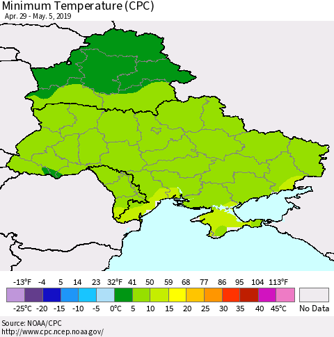 Ukraine, Moldova and Belarus Minimum Temperature (CPC) Thematic Map For 4/29/2019 - 5/5/2019