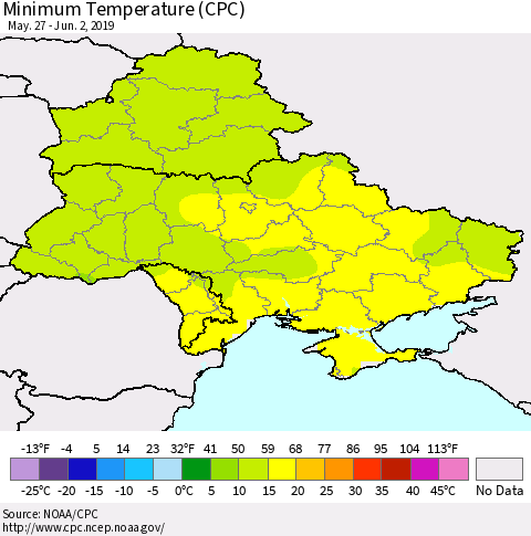 Ukraine, Moldova and Belarus Minimum Temperature (CPC) Thematic Map For 5/27/2019 - 6/2/2019