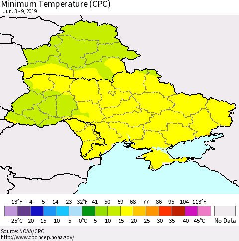 Ukraine, Moldova and Belarus Minimum Temperature (CPC) Thematic Map For 6/3/2019 - 6/9/2019