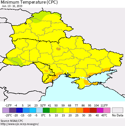 Ukraine, Moldova and Belarus Minimum Temperature (CPC) Thematic Map For 6/10/2019 - 6/16/2019