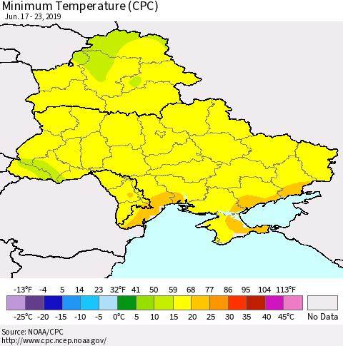 Ukraine, Moldova and Belarus Minimum Temperature (CPC) Thematic Map For 6/17/2019 - 6/23/2019