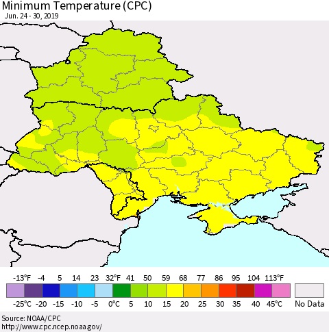 Ukraine, Moldova and Belarus Mean Minimum Temperature (CPC) Thematic Map For 6/24/2019 - 6/30/2019