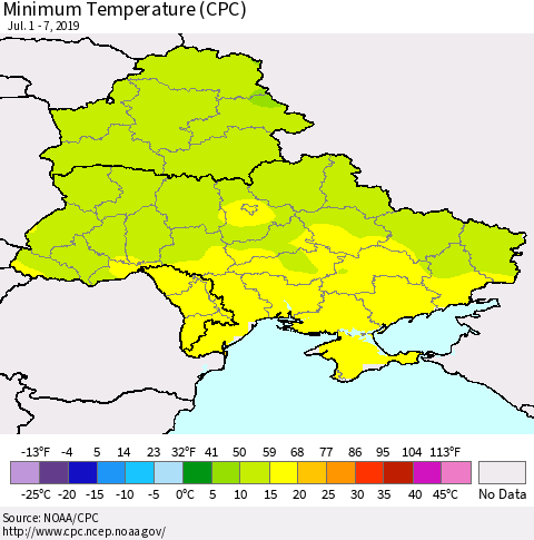Ukraine, Moldova and Belarus Mean Minimum Temperature (CPC) Thematic Map For 7/1/2019 - 7/7/2019
