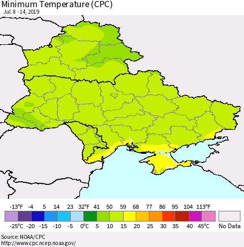 Ukraine, Moldova and Belarus Minimum Temperature (CPC) Thematic Map For 7/8/2019 - 7/14/2019