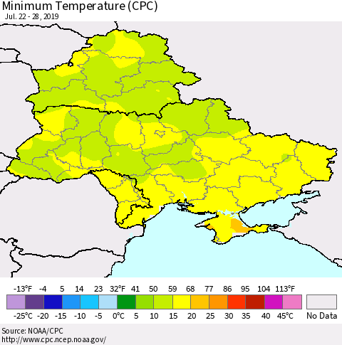 Ukraine, Moldova and Belarus Mean Minimum Temperature (CPC) Thematic Map For 7/22/2019 - 7/28/2019