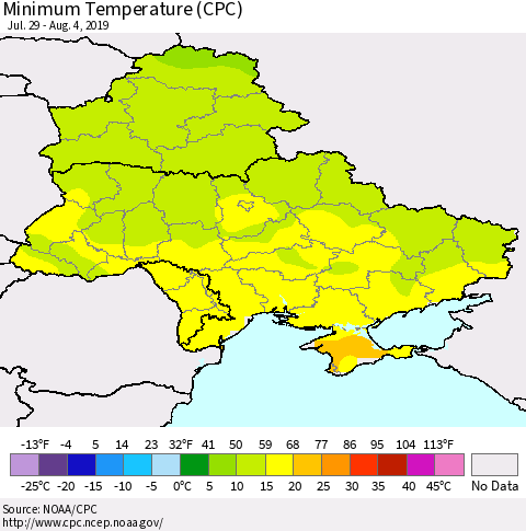 Ukraine, Moldova and Belarus Minimum Temperature (CPC) Thematic Map For 7/29/2019 - 8/4/2019