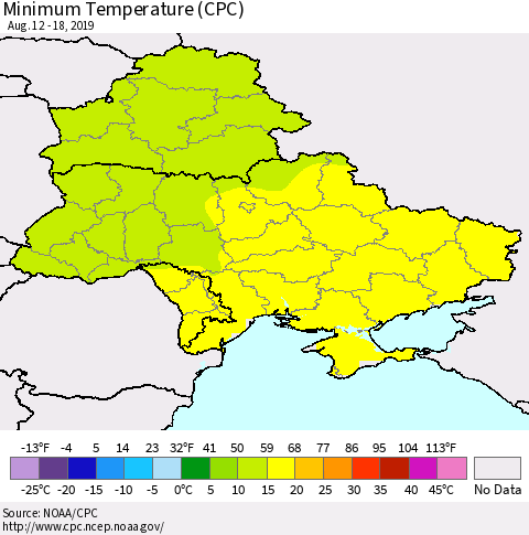 Ukraine, Moldova and Belarus Minimum Temperature (CPC) Thematic Map For 8/12/2019 - 8/18/2019