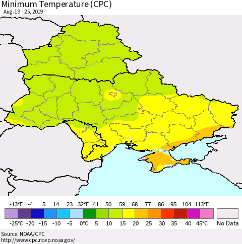 Ukraine, Moldova and Belarus Minimum Temperature (CPC) Thematic Map For 8/19/2019 - 8/25/2019