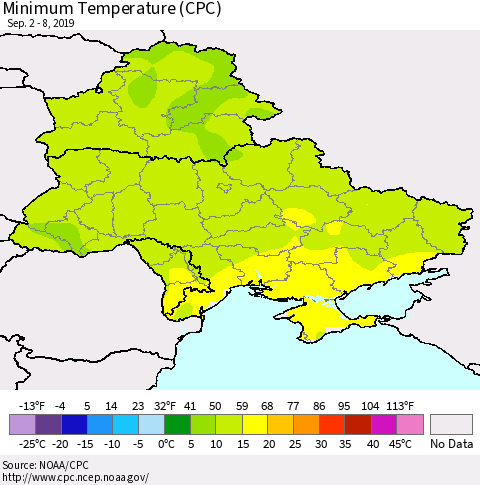 Ukraine, Moldova and Belarus Minimum Temperature (CPC) Thematic Map For 9/2/2019 - 9/8/2019
