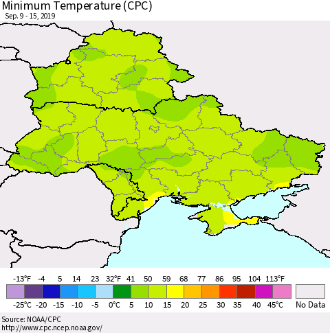 Ukraine, Moldova and Belarus Minimum Temperature (CPC) Thematic Map For 9/9/2019 - 9/15/2019