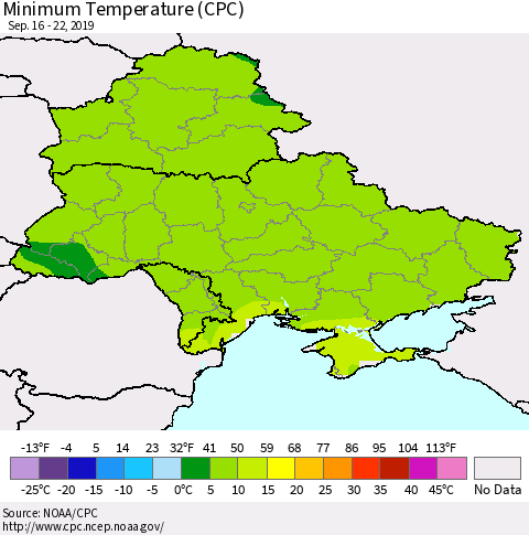 Ukraine, Moldova and Belarus Minimum Temperature (CPC) Thematic Map For 9/16/2019 - 9/22/2019