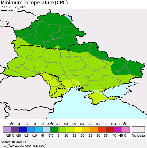 Ukraine, Moldova and Belarus Minimum Temperature (CPC) Thematic Map For 9/23/2019 - 9/29/2019