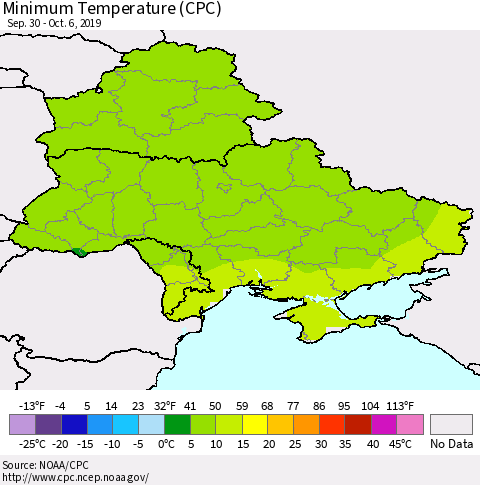 Ukraine, Moldova and Belarus Mean Minimum Temperature (CPC) Thematic Map For 9/30/2019 - 10/6/2019