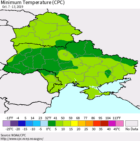 Ukraine, Moldova and Belarus Minimum Temperature (CPC) Thematic Map For 10/7/2019 - 10/13/2019