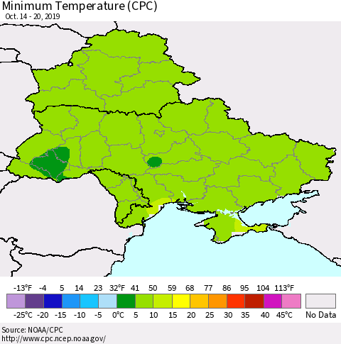 Ukraine, Moldova and Belarus Mean Minimum Temperature (CPC) Thematic Map For 10/14/2019 - 10/20/2019