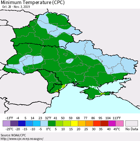 Ukraine, Moldova and Belarus Minimum Temperature (CPC) Thematic Map For 10/28/2019 - 11/3/2019