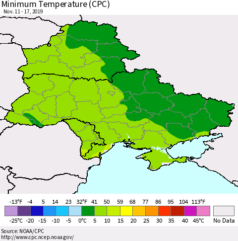 Ukraine, Moldova and Belarus Mean Minimum Temperature (CPC) Thematic Map For 11/11/2019 - 11/17/2019