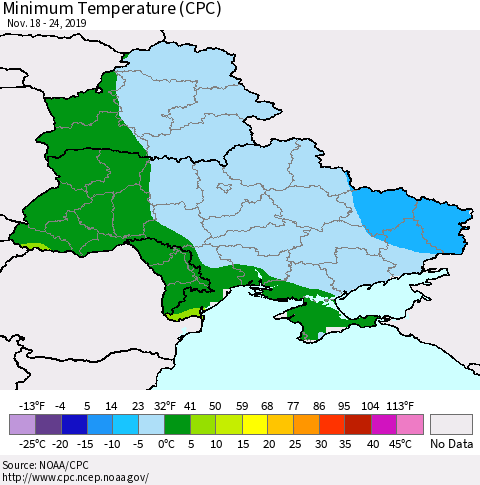 Ukraine, Moldova and Belarus Minimum Temperature (CPC) Thematic Map For 11/18/2019 - 11/24/2019
