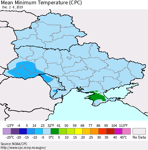 Ukraine, Moldova and Belarus Minimum Temperature (CPC) Thematic Map For 12/2/2019 - 12/8/2019