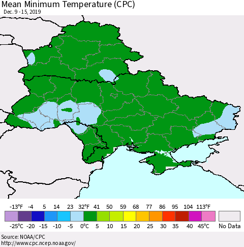 Ukraine, Moldova and Belarus Mean Minimum Temperature (CPC) Thematic Map For 12/9/2019 - 12/15/2019