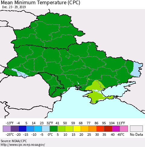 Ukraine, Moldova and Belarus Mean Minimum Temperature (CPC) Thematic Map For 12/23/2019 - 12/29/2019