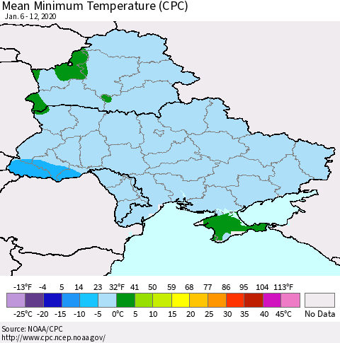 Ukraine, Moldova and Belarus Mean Minimum Temperature (CPC) Thematic Map For 1/6/2020 - 1/12/2020