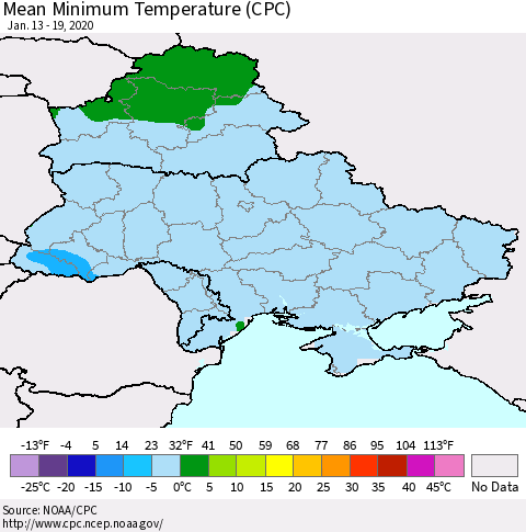 Ukraine, Moldova and Belarus Minimum Temperature (CPC) Thematic Map For 1/13/2020 - 1/19/2020