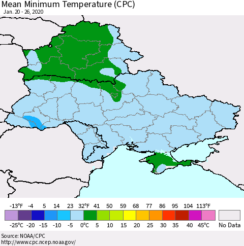 Ukraine, Moldova and Belarus Mean Minimum Temperature (CPC) Thematic Map For 1/20/2020 - 1/26/2020